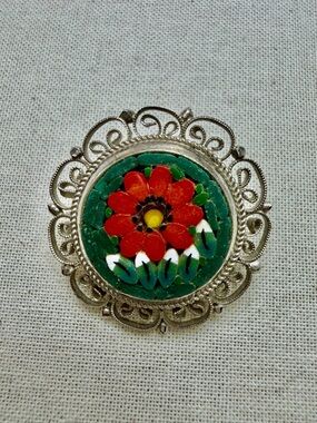 Vintage Floral Micro Mosaic  Glass Flower Brooch